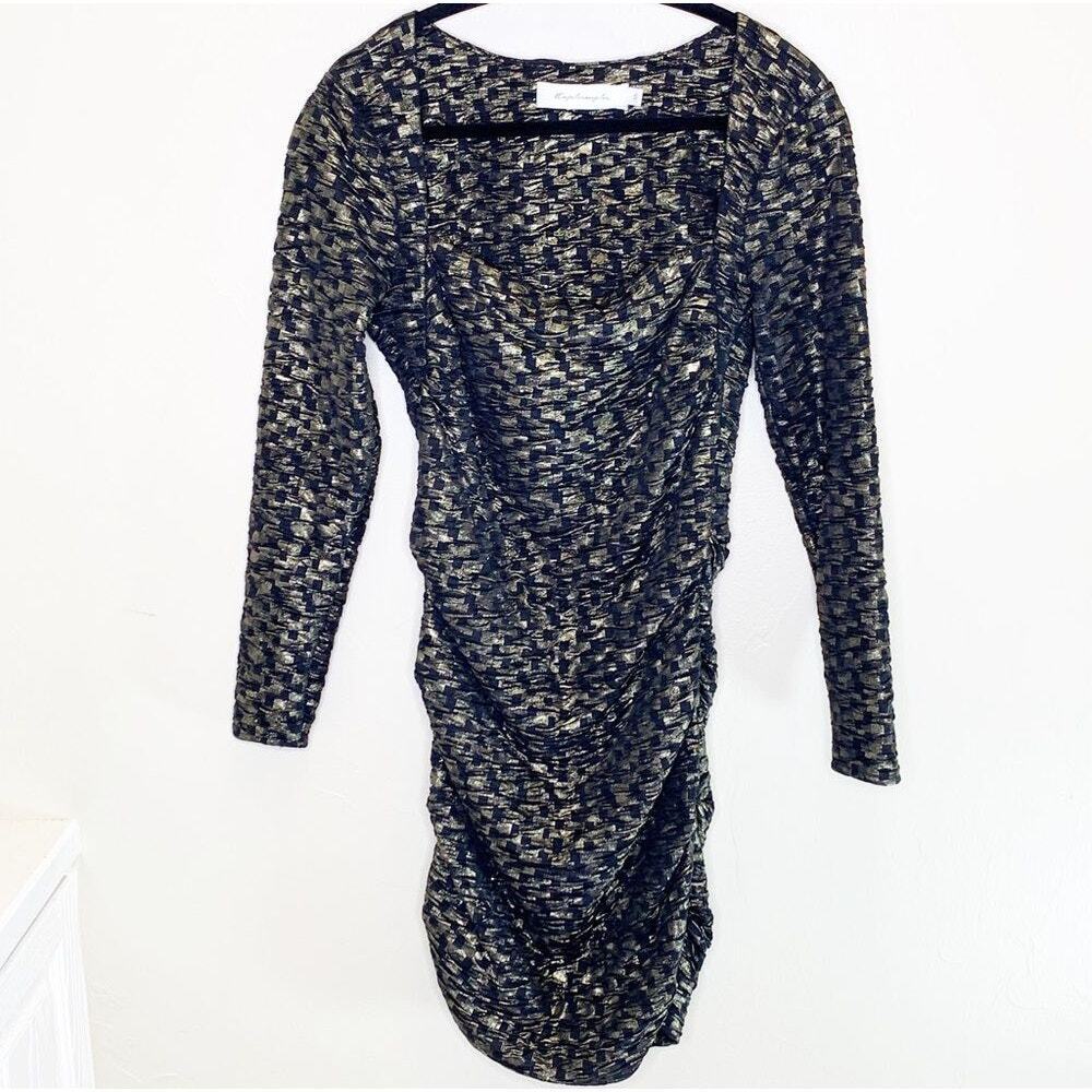T-Bags Los Angeles Gold Black Long Sleeve‎ Ruched Wiggle Dress